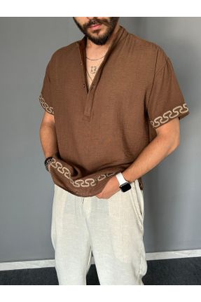 تی شرت قهوه ای مردانه اورسایز یقه قاضی کتان طراحی کد 831626071