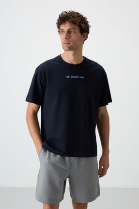 تی شرت سرمه ای مردانه اورسایز پنبه - پلی استر یقه گرد تکی جوان کد 814578367