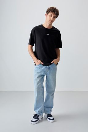 تی شرت مشکی مردانه پنبه - پلی استر یقه گرد اورسایز تکی بیسیک کد 810012449
