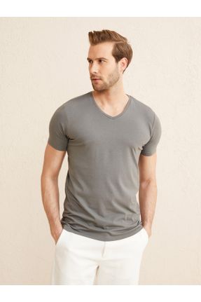 تی شرت طوسی مردانه رگولار یقه هفت مودال- پنبه بیسیک کد 268584245