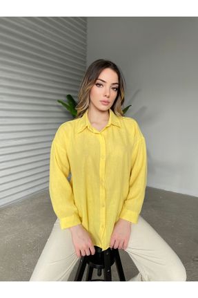 پیراهن زرد زنانه اورسایز یقه پیراهنی کتان کد 802681060