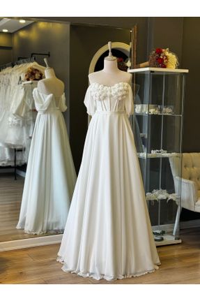 لباس عروس سفید زنانه شیفون یقه قلب طرح گلدار آستر دار کد 822441008