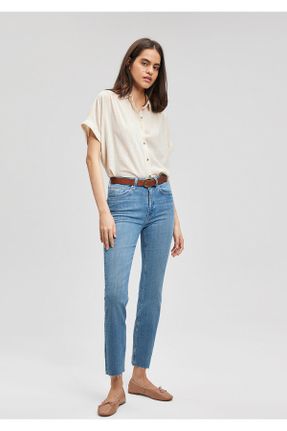 شلوار جین آبی زنانه پاچه ساده فاق بلند پنبه (نخی) کد 830356372