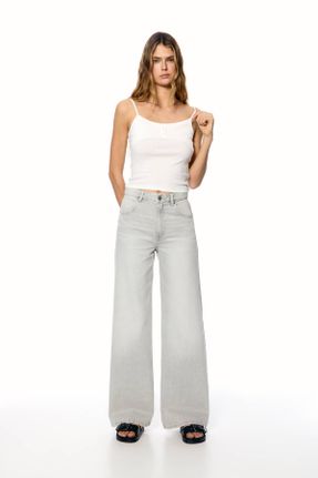 شلوار جین طوسی زنانه پاچه گشاد فاق بلند کاپری کد 814637668