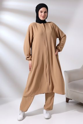 لباس قهوه ای زنانه بافتنی پنبه - پلی استر اورسایز آستین-بلند کد 809733764