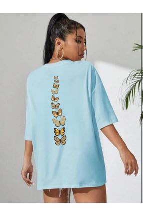 تی شرت آبی زنانه اورسایز یقه گرد پنبه (نخی) تکی طراحی کد 832144975