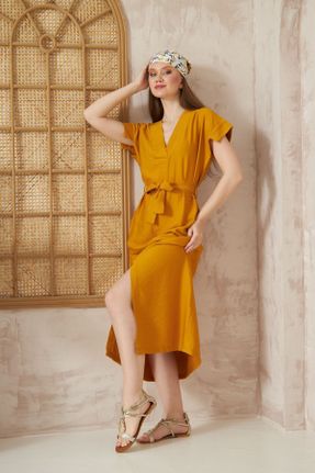 لباس زرد زنانه بافتنی مخلوط کتان اورسایز آستین-کوتاه بیسیک کد 825418039