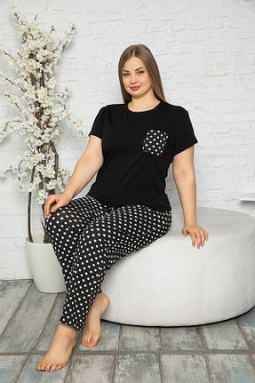 ست لباس راحتی سایز بزرگ مشکی زنانه Puantiyeli MyBen - کد 82755959