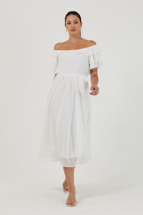 لباس سفید زنانه بافتنی شیفون A-line آستین-کوتاه کد 118399075