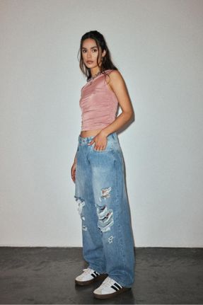شلوار جین آبی زنانه پاچه گشاد جین اورسایز جوان استاندارد کد 832159894