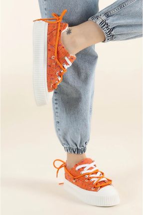 کفش اسنیکر نارنجی زنانه بند دار پارچه نساجی کد 827010683