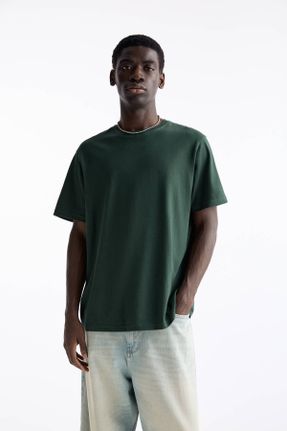 تی شرت سبز مردانه ریلکس یقه گرد پنبه (نخی) کد 814376948