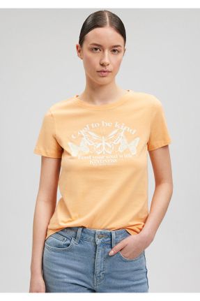 تی شرت نارنجی زنانه اسلیم فیت یقه گرد پنبه (نخی) تکی کد 816103499