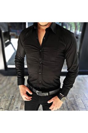 پیراهن مشکی مردانه اسلیم فیت پنبه (نخی) یقه پیراهنی کد 124674265