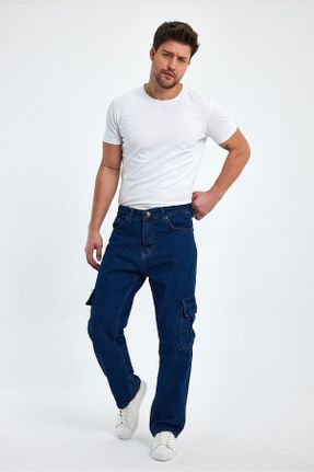 شلوار جین سرمه ای مردانه پاچه گشاد فاق بلند گاباردین اورسایز بلند کد 789455860