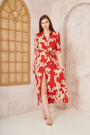 لباس قرمز زنانه بافتنی ویسکون تنگ آستین-بلند بیسیک کد 831595211