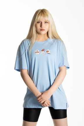 تی شرت آبی زنانه اورسایز یقه گرد پنبه (نخی) تکی کد 832163082