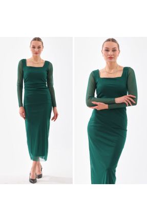 لباس مجلسی سبز زنانه اسلیم فیت تور یقه مربع آستر دار کد 829063338