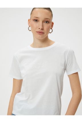 تی شرت سفید زنانه رگولار یقه گرد تکی کد 829237840