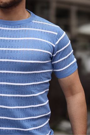 تی شرت آبی مردانه اسلیم فیت یقه گرد پنبه (نخی) تکی بیسیک کد 829362065