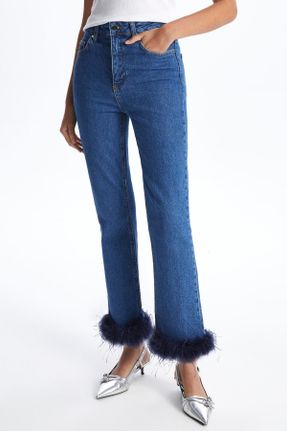 شلوار جین سرمه ای زنانه پاچه لوله ای فاق بلند استاندارد کد 788659558