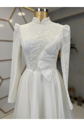 لباس مجلسی سفید زنانه یقه ایستاده دانتل A-line کد 832435102