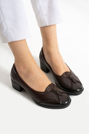 کفش کلاسیک قهوه ای زنانه چرم طبیعی پاشنه کوتاه ( 4 - 1 cm ) پاشنه پر کد 817680277