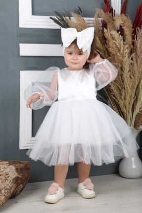 لباس سفید بچه گانه بافتنی تور رگولار آستین-بلند پارتی کد 658696429