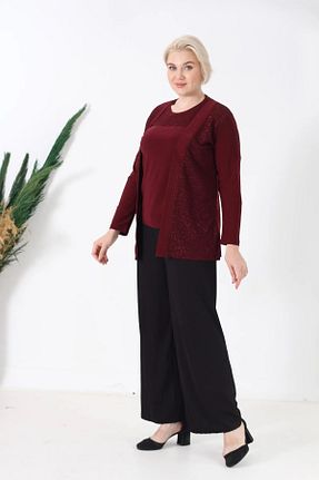 ست لباس مجلسی سایز بزرگ زرشکی زنانه آستین بلند AfifeCOLLECTİON - کد 832631158