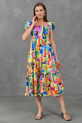 لباس مجلسی زنانه رگولار یقه مربع پنبه - پلی استر آستین کوتاه بدون آستر کد 828890114