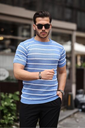 تی شرت آبی مردانه اسلیم فیت یقه گرد پنبه (نخی) تکی بیسیک کد 829362065