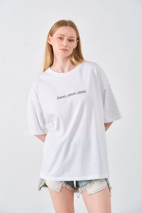 تی شرت سفید زنانه اورسایز یقه گرد تکی کد 829109744