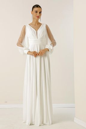 لباس مجلسی سفید زنانه پلی استر آستین استاندارد رگولار یقه هفت آستر دار کد 768909958