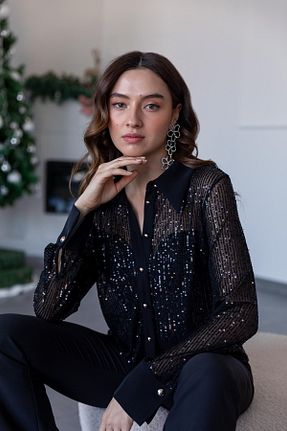 پیراهن مشکی زنانه یقه مردانه KOSHKA BUTİK - کد 820807630