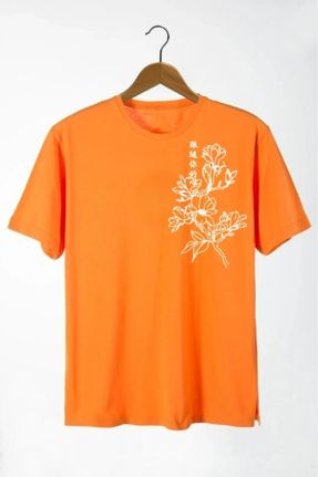 تی شرت نارنجی زنانه اورسایز یقه گرد پنبه (نخی) تکی بیسیک کد 832338679