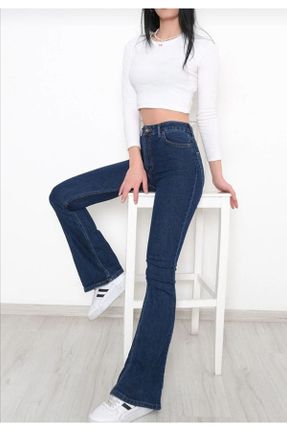 شلوار جین سرمه ای زنانه پاچه اسپانیولی فاق بلند جین ساده بلند کد 825057759