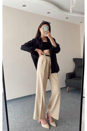شلوار پارچه ای قهوه ای زنانه بلند Hacer Balcı - کد 821118179