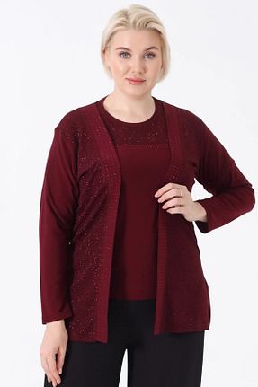 ست لباس مجلسی سایز بزرگ زرشکی زنانه آستین بلند AfifeCOLLECTİON - کد 832631158