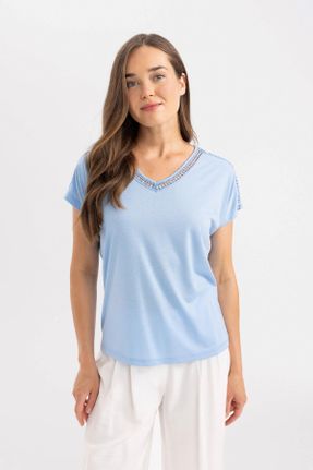 تی شرت آبی زنانه رگولار یقه گرد تکی کد 828781639