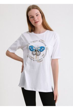 تی شرت سفید زنانه یقه گرد رگولار تکی طراحی کد 828411291