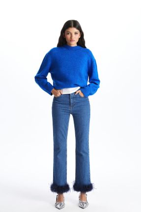شلوار جین سرمه ای زنانه پاچه لوله ای فاق بلند استاندارد کد 788659558