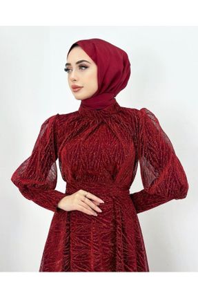 لباس مجلسی قرمز زنانه یقه گرد تور کد 800182685