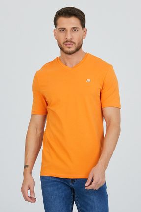 تی شرت نارنجی مردانه اسلیم فیت یقه هفت تکی بیسیک کد 364512596