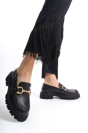 کفش لوفر مشکی زنانه چرم طبیعی پاشنه کوتاه ( 4 - 1 cm ) کد 832571441