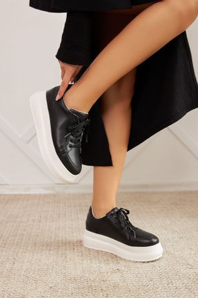 کفش اسنیکر مشکی زنانه بند دار چرم مصنوعی کد 793127307