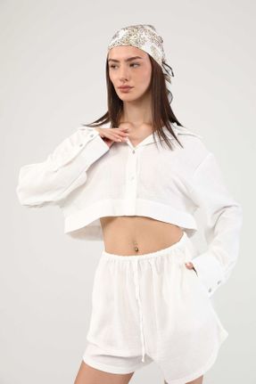 پیراهن سفید زنانه کتان اورسایز یقه پیراهنی کد 750895102