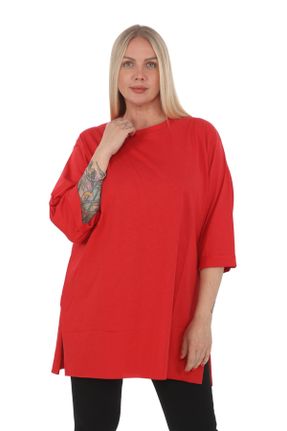تی شرت قرمز زنانه سایز بزرگ یقه گرد تکی کد 832738984