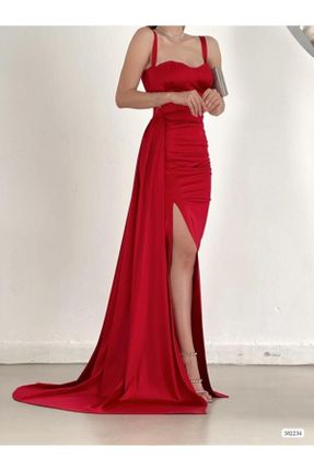 لباس مجلسی قرمز زنانه اسلیم یقه قلب ساتن آستر دار کد 743959349