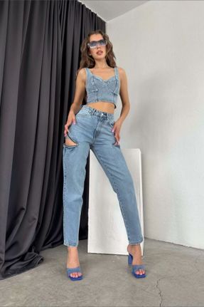 شلوار جین آبی زنانه فاق بلند جین ساده استاندارد کد 832940156