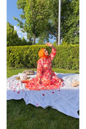 لباس نارنجی زنانه شیفون طرح گلدار اورسایز آستین-بلند کد 833016995